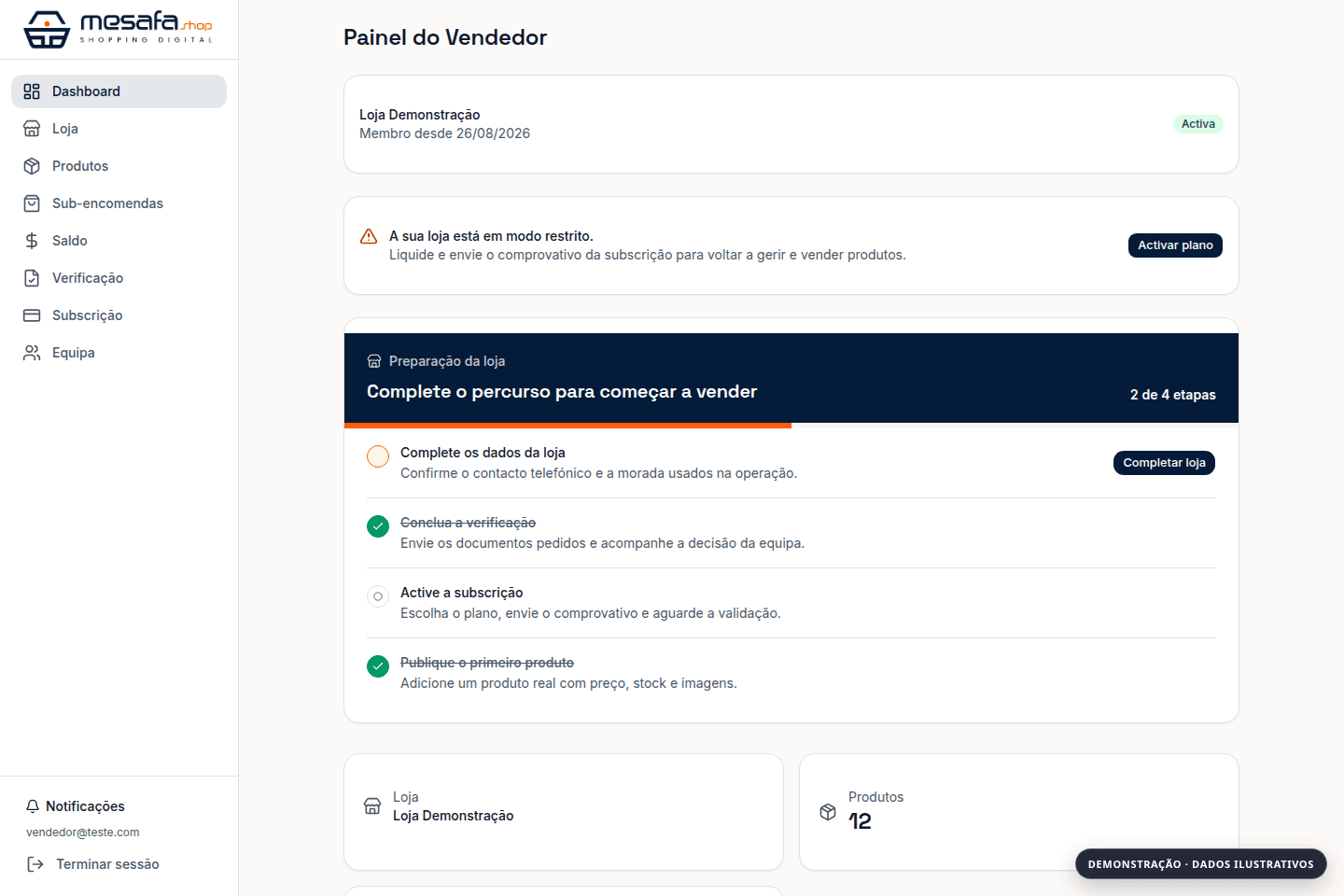Exemplo do painel de vendedor MeSafa Shop